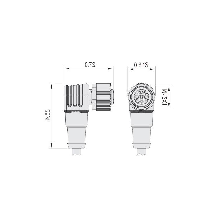 M12 3Pin, female head 90°, high temperature resistance 120 ° C, single-end precast PUR柔性电缆、黑色护套、64H021-XXX